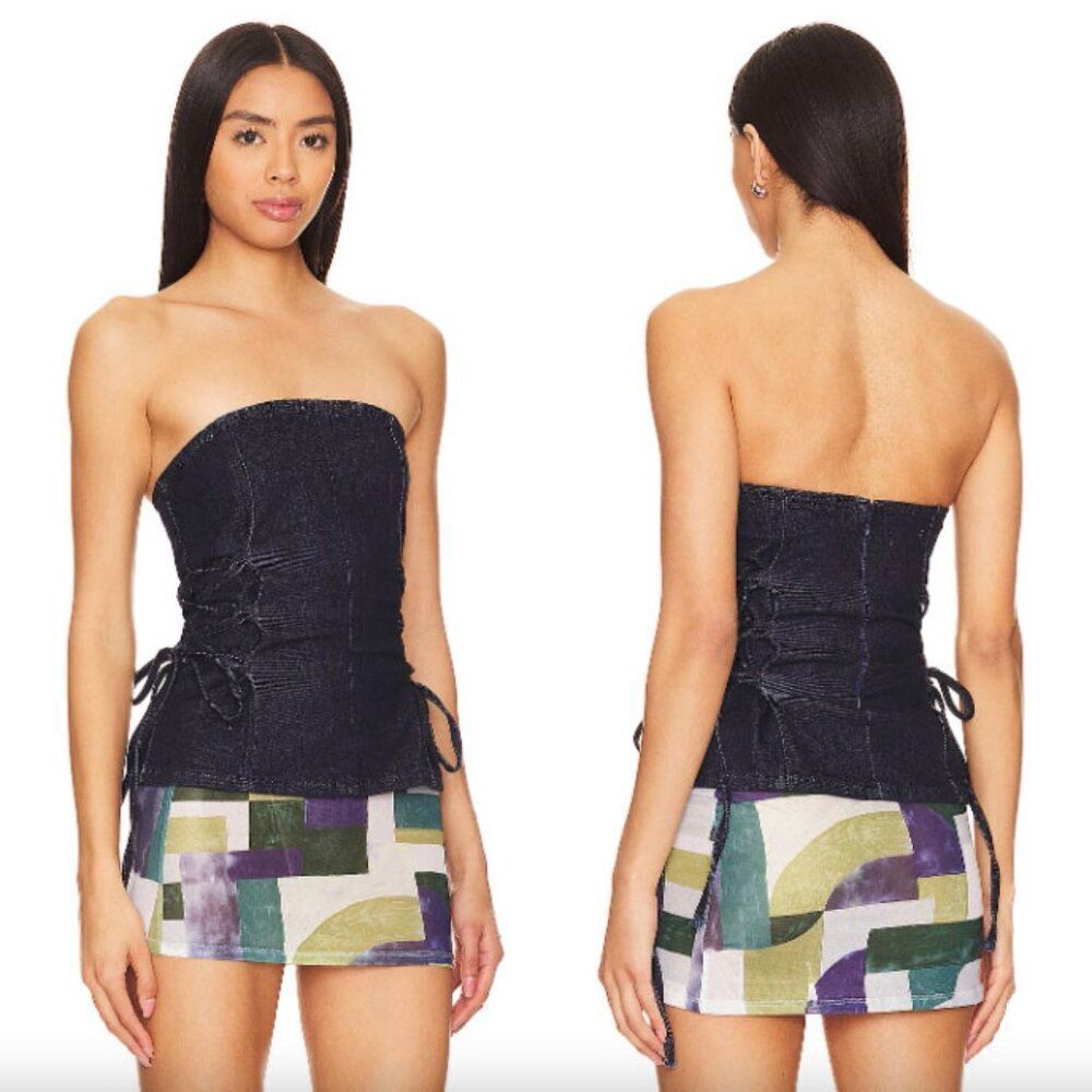 NWT Superdown dark wash blue denim Amora lace up strapless corset tube top